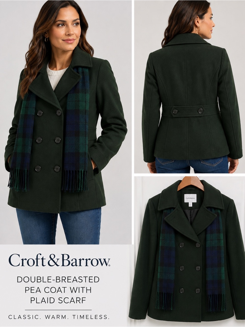 Croft & Barrow green Wool Blend Double-Breasted Pea Coat with Plaid Fringe Scaf